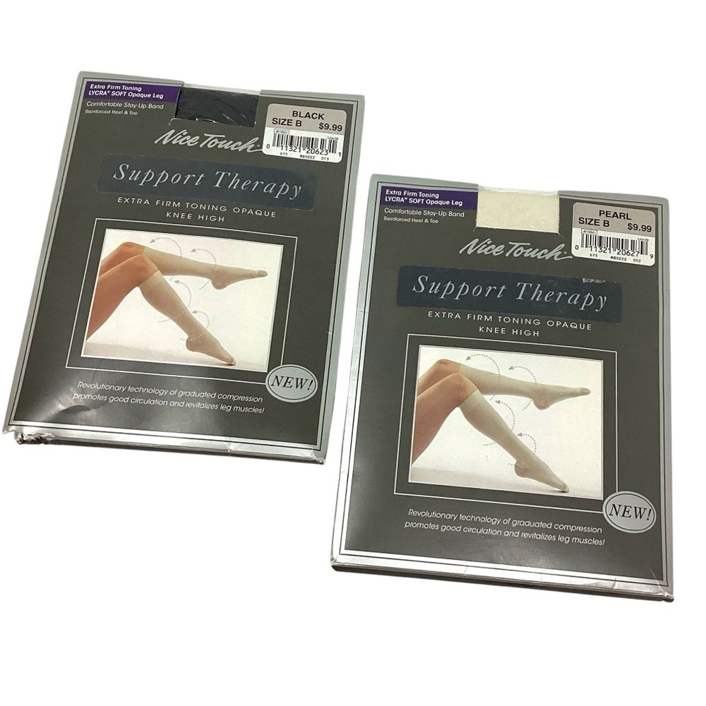 Nice Touch Support Therapy Extra Firm Toning Opaque Knee Highs Black & Pearl NIB